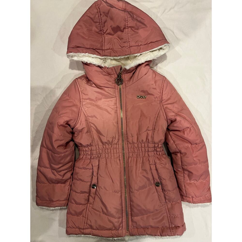 DKNY Toddler Girls Reversible Puffer Jacket Pink Hooded Sherpa Faux Fur Size 5/6